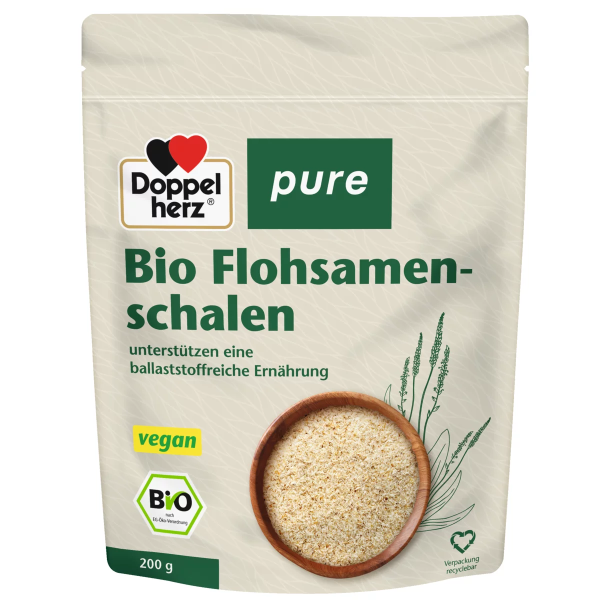 Abbildung der Produktverpackung Doppelherz pure Bio Flohsamenschalen Frontansicht